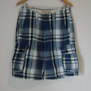 Hollister Vintage Y2K Mens Blue Plaid Shorts Long Cargo Surf Shorts Size 30